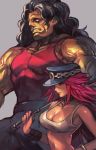  1boy 1girl bare_shoulders belt_collar black_hair breasts capcom chains cleavage crop_top final_fight from_side green_eyes grey_background hankuri hat holding hugo_andore large_breasts long_hair muscle peaked_cap pink_hair poison_(final_fight) red_shirt riding_crop shirt simple_background smile wristband 