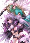  2girls agrius_metamorphosis ahoge animal_ears atalanta_(alter)_(fate) atalanta_(fate) blonde_hair bow_(weapon) breasts cat_ears cat_tail collar commentary_request dress dual_persona fate/apocrypha fate/grand_order fate_(series) green_eyes green_hair grimjin highres long_hair medium_breasts multicolored_hair multiple_girls navel silver_hair tail thigh-highs two-tone_hair very_long_hair weapon 