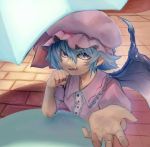  1girl annoyed artist_request bat_wings blue_eyes blue_hair dress fangs hand_on_own_chin looking_at_viewer pointy_ears remilia_scarlet short_hair sitting spread_fingers tagme tile_floor tiles touhou umbrella wings 