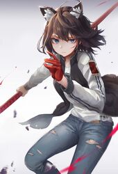  1girl absurdres animal_ears blue_eyes brown_hair denim envysoi gloves highres holding holding_spear holding_weapon jacket original pants polearm red_gloves scar short_hair single_glove solo spear torn_clothes torn_pants weapon wolf_ears 