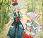  2girls bamboo bamboo_forest blue_hair bow dress eye_contact forest fujiwara_no_mokou hair_bow hands_in_pockets hat kamishirasawa_keine long_hair looking_at_another looking_to_the_side marker_(medium) multiple_girls nature open_mouth outdoors pants path red_eyes road shiratama_(hockey) short_sleeves silver_hair suspenders talking touhou traditional_media 