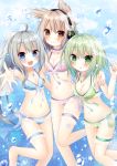  3girls :d :o ahoge bangs bare_shoulders barefoot bikini blue_bikini blue_eyes blush bow bracelet breasts brown_eyes cleavage closed_mouth earmuffs eyebrows_visible_through_hair fingernails girl_sandwich green_bikini green_eyes green_hair green_nails hair_between_eyes hair_bow himetsuki_luna jewelry light_brown_hair long_hair medium_breasts mononobe_no_futo multiple_girls nail_polish navel open_mouth parted_lips pearl_bracelet pink_bikini pointy_hair polka_dot polka_dot_bikini ponytail sandwiched see-through silver_hair small_breasts smile soga_no_tojiko star swimsuit thigh_strap touhou toyosatomimi_no_miko very_long_hair 