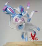  alternate_color commentary commission creature frown full_body gen_6_pokemon grey_background hair_ribbon neck_ribbon no_humans photo pink_eyes pokemon pokemon_(creature) ribbon shiny_pokemon signature solo standing standing_on_one_leg sylveon viistar 