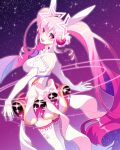 1girl :d aisha_(elsword) bow cowboy_shot dress elbow_gloves elsword frills gloves hair_ornament long_hair looking_at_viewer magical_girl metamorphy_(elsword) open_mouth pink_eyes pink_hair purple_background rio_(rio773) sky smile solo star star_(sky) star_in_eye starry_sky symbol_in_eye thigh-highs twintails white_bow white_dress white_gloves white_legwear zettai_ryouiki 