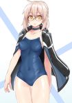  1girl ahoge artoria_pendragon_(all) bangs blonde_hair blue_swimsuit blush braid breasts collarbone cowboy_shot eyebrows_visible_through_hair fate/grand_order fate_(series) glasses hair_between_eyes jacket_on_shoulders looking_at_viewer medium_breasts mysterious_heroine_x_(alter) one-piece_swimsuit open_mouth open_track_jacket perky_breasts school_swimsuit semi-rimless_eyewear shunichi sidelocks solo swimsuit thighs under-rim_eyewear yellow_eyes 
