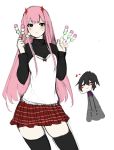  1boy 1girl :t =_= black_hair black_legwear black_sweater blush blush_stickers camisole closed_eyes closed_mouth contrapposto dango darling_in_the_franxx eyebrows_visible_through_hair eyeshadow food green_eyes hair_between_eyes hands_up highres hiro_(darling_in_the_franxx) horns jacket long_hair long_sleeves looking_at_viewer makeup otxoa60 pink_hair red_skirt sanshoku_dango simple_background skirt smile sweatdrop sweater thigh-highs wagashi white_background wide_face zero_two_(darling_in_the_franxx) zettai_ryouiki 