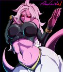  1girl android_21 android_21_(evil) black_nails black_sclera bracelet breasts detached_sleeves dragon_ball dragon_ball_fighterz fighting_stance harem_pants jewelry large_breasts long_hair looking_at_viewer majin_android_21 monster_girl nail_polish neck_ring pants pink_hair pink_skin pointy_ears pungter red_eyes solo stomach strapless tail tubetop 