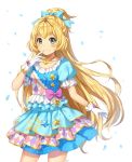  1girl aikatsu!_(series) aikatsu_stars! artist_name bangs blonde_hair blue_eyes blurry blush bow commentary contrapposto cowboy_shot depth_of_field dress eyebrows_visible_through_hair finger_to_mouth glove_bow gloves hair_bow heart jewelry kim_bae-eo layered_dress long_hair looking_at_viewer necklace petals ponytail puffy_short_sleeves puffy_sleeves shiratori_hime short_sleeves simple_background smile solo standing star very_long_hair white_background white_gloves 