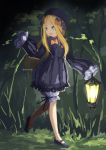  1girl :d abigail_williams_(fate/grand_order) bangs black_bow black_dress black_footwear black_hat blonde_hair bloomers blue_eyes bow butterfly dress fate/grand_order fate_(series) forest hair_bow hat holding holding_lantern insect lantern long_hair long_sleeves looking_away looking_to_the_side mary_janes nature night open_mouth orange_bow outdoors parted_bangs shoes sleeves_past_fingers sleeves_past_wrists smile solo standing standing_on_one_leg twitter_username underwear very_long_hair white_bloomers yyo 