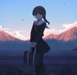  1girl absurdres amekaze_yukinatsu bag bangs bird black_legwear blue_sky braid breasts brown_eyes brown_hair clouds feet_out_of_frame highres holding_bag horizon long_hair long_sleeves looking_at_viewer medium_breasts mountain navy_blue_serafuku neckerchief open_mouth original outdoors pantyhose pleated_skirt red_neckwear school_bag school_uniform serafuku shirt skirt sky smile solo standing twin_braids 