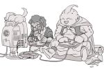  2boys :d afro bee_(dragon_ball) boots cable cape closed_eyes dog doseisan dragon_ball dragonball_z gloves greyscale hankuri headphones majin_buu male_focus monitor monochrome multiple_boys open_mouth pants playing_games puffy_pants simple_background sitting smile white_background 