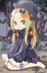  1girl abigail_williams_(fate/grand_order) bangs barefoot black_bow black_dress black_hat blonde_hair bloomers blue_eyes blush bow butterfly closed_mouth dress fate/grand_order fate_(series) forehead hair_bow hat insect long_hair long_sleeves on_ground orange_bow parted_bangs sitting sleeves_past_fingers sleeves_past_wrists smile solo tentacle twitter_username underwear v-shaped_eyebrows very_long_hair wariza white_bloomers younger yyo 