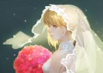  1girl blonde_hair bouquet commentary dress fate/extra fate/extra_ccc fate_(series) flower from_side green_background green_eyes highres light_smile lips looking_at_viewer nero_claudius_(bride)_(fate) nero_claudius_(fate)_(all) parted_lips qmo_(chalsoma) red_flower red_rose rose short_hair smile solo upper_body veil wedding_dress white_dress 