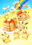  &gt;_&lt; :d alternate_color bird blue_sky blush_stickers brown_eyes carrying closed_eyes clouds combee commentary commentary_request creature day drifloon eating falling floating flying food gen_1_pokemon gen_4_pokemon gen_5_pokemon holding holding_food honey jolteon jumping ladder lai_(pixiv1814979) mouth_hold multiple_heads no_humans o_o open_mouth outstretched_arms pancake pikachu plate pokemon pokemon_(creature) rainbow scared scraggy shiny_pokemon sitting sky smile sphere standing swablu tongue tongue_out yellow 