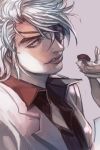  1boy black_shirt collared_shirt copyright_request eyepatch grey_background hand_up hankuri holding jacket long_sleeves looking_at_viewer parted_lips popped_collar shirt silver_hair simple_background solo white_jacket wing_collar 
