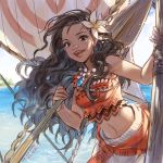  1girl :d artist_name bandeau black_hair blue_eyes chains character_name dark_skin dated disney empew flower hair_flower hair_ornament jewelry long_hair looking_at_viewer midriff moana_(movie) moana_waialiki navel nose open_mouth pendant sail sarong smile solo water wavy_hair 