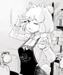  1girl :3 alpaca_ears alpaca_suri_(kemono_friends) alpaca_tail alternate_costume apron blonde_hair breast_pocket coffee coffee_beans collared_shirt commentary_request cup greyscale hair_over_one_eye hair_tubes hare_(tetterutei) highres kemono_friends long_sleeves monochrome one-piece_tan open_mouth pocket shirt short_hair solo steam tan tanline teacup 