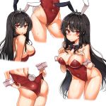  1girl adjusting_clothes adjusting_leotard animal_ears ass black_hair black_neckwear bow bowtie breasts bunny_girl bunny_tail bunnysuit covered_navel cowboy_shot detached_collar highres iris_yuma leotard lhu_(barappra1) long_hair medium_breasts multiple_views rabbit_ears red_eyes red_leotard simple_background soul_worker strapless strapless_leotard sweat tail tiara white_background wrist_cuffs 