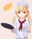  1girl :o alternate_costume blonde_hair chef_hat chef_uniform commentary_request expressionless flandre_scarlet food frying_pan hat holding holding_pan long_sleeves looking_up miyo_(ranthath) pancake parted_lips red_eyes red_neckwear short_hair side_ponytail simple_background solo standing tan_background touhou upper_body white_hat white_uniform wings 