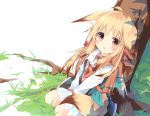  1girl :o ahoge animal_ears backpack bag bangs black_skirt blonde_hair blush brown_eyes brown_hair check_commentary collared_shirt commentary_request dutch_angle eyebrows_visible_through_hair fox_ears fox_girl fox_tail gradient_hair grass kushida_you long_hair looking_at_viewer multicolored_hair neckerchief on_grass original parted_lips red_neckwear shirt sitting skirt solo tail tree v_arms very_long_hair white_background white_shirt 