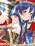  1girl bangs black_gloves blue_hair blush braid commentary_request eyebrows_visible_through_hair gloves hair_between_eyes hat long_hair love_live! love_live!_school_idol_festival love_live!_school_idol_project pirate_costume solo sonoda_umi upper_body wet yellow_eyes 