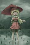  1girl aki_minoriko arinu bare_legs black_skirt blonde_hair blush breasts clouds cloudy_sky commentary_request eyebrows_visible_through_hair facing_viewer hat highres holding holding_umbrella large_breasts long_sleeves open_mouth oriental_umbrella outdoors outstretched_arm rain red_hat rice_paddy skirt sky smile solo standing touhou umbrella wading water wide_sleeves 