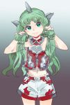  1girl adapted_costume bare_shoulders blush chamaruku closed_mouth cloud_print commentary curly_hair green_eyes green_hair horn kariyushi_shirt komano_aun long_hair looking_at_viewer midriff navel red_shirt shirt shorts smile solo touhou twintails very_long_hair white_shorts 