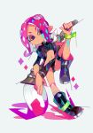  amakusa_(hidorozoa) bangs black_panties black_skirt boots calligraphy_brush closed_mouth grey_background hand_up looking_at_viewer midriff miniskirt navel octoling paint_on_face paint_splatter paintbrush panties parted_bangs pink_eyes pink_hair simple_background skirt splatoon splatoon_2 standing suction_cups tentacle_hair underwear wristband 