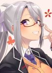  1girl breasts fang glasses grey_background grin hair_ornament hairclip higuchi_kaede long_hair looking_at_viewer looking_to_the_side medium_breasts mole necktie nijisanji nuezou plaid_neckwear ponytail red-framed_eyewear silver_hair simple_background smile solo violet_eyes 