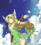  1girl blonde_hair blue_eyes blue_sky blush bow breasts breasts_apart bridal_gauntlets butterfly closed_mouth clouds cowboy_shot day denchuubou diadem dress ears emerald erect_nipples eyelashes frilled_dress frills green_bow green_dress headgear helmet insect long_hair looking_to_the_side low-tied_long_hair medium_breasts outstretched_hand petals riesz seiken_densetsu seiken_densetsu_3 sidelocks sky sleeveless sleeveless_dress smile solo spaulders staff standing thighs winged_helmet 