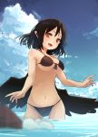  1girl bare_arms bare_shoulders bikini black_bikini black_hair black_wings blue_sky blurry blurry_foreground breasts cleavage clouds commentary_request contrapposto day depth_of_field feathered_wings front-tie_bikini front-tie_top futatsuki_eru halter_top halterneck hat head_tilt large_breasts looking_at_viewer navel ocean outdoors outstretched_arms pointy_ears pom_pom_(clothes) red_eyes shameimaru_aya sky smile solo standing stomach summer swimsuit tokin_hat touhou under_boob wading wet wings 
