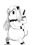  (o)_(o) 1girl arm_up collar comic commentary_request highres horns kantai_collection long_hair looking_to_the_side mittens momosuke_(toouka) monochrome moomin muppo nunchaku shadow shinkaisei-kan sidelocks solo standing tail weapon 