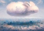  animal blue_sky building city closed_eyes clouds commentary_request day from_side manino_(mofuritaionaka) no_humans original oversized_animal rabbit scenery sky skyscraper sleeping surreal 