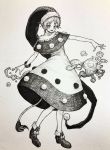  1girl bangs capelet doremy_sweet dress eyebrows_visible_through_hair full_body hat highres looking_at_viewer mashimashi monochrome nightcap open_mouth pom_pom_(clothes) shoes short_hair standing tail tapir_tail touhou traditional_media 