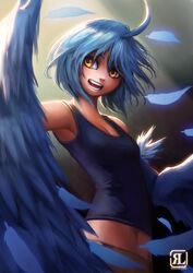  1girl absurdres ahoge blue_hair blue_wings breasts commentary cowboy_shot feathered_wings feathers harpy highres looking_to_the_side monster_girl monster_musume_no_iru_nichijou navel open_mouth papi_(monster_musume) reagan_long short_hair small_breasts solo tank_top winged_arms wings yellow_eyes 