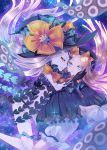  2girls :d abigail_williams_(fate/grand_order) bangs black_bow black_dress black_gloves black_hat black_panties blonde_hair bloomers blue_eyes blurry blurry_foreground bow butterfly closed_mouth commentary_request depth_of_field dress dual_persona elbow_gloves eyebrows_visible_through_hair fate/grand_order fate_(series) floating_hair forehead gloves hair_bow hand_on_another&#039;s_cheek hand_on_another&#039;s_face hat hat_bow highres insect long_hair long_sleeves merichi_(ogaomega) multiple_girls open_mouth orange_bow pale_skin panties parted_bangs polka_dot polka_dot_bow red_eyes revealing_clothes sleeves_past_fingers sleeves_past_wrists smile suction_cups tentacle topless underwear very_long_hair white_bloomers white_hair witch_hat 