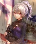  1girl animal anniversary black_cat cat copyright_name darker_than_black dress english expressionless hair_ribbon highres looking_at_viewer mao_(darker_than_black) ponytail purple_dress ribbon signature silhouette silver_hair sukemyon violet_eyes yin 