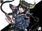  1girl black_hair bow chabashira_tenko dangan_ronpa green_eyes hair_ornament hair_ribbon hairband kurokku-tokei long_hair looking_at_viewer mole mole_under_mouth navel new_dangan_ronpa_v3 open_mouth pleated_skirt ribbon school_uniform serafuku skirt smile solo twintails 