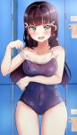  1girl adjusting_clothes adjusting_swimsuit aqua_eyes bangs black_hair blue_swimsuit blurry blurry_background blush breast_hold breasts clenched_hands collarbone commentary_request covered_navel cowboy_shot gluteal_fold hair_ornament hairclip highres kurosawa_dia locker long_hair looking_at_viewer love_live! love_live!_sunshine!! mia_(fai1510) one-piece_swimsuit open_mouth school_swimsuit solo swimsuit tears thigh_gap 
