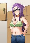  1girl bangs_pinned_back black-framed_eyewear blue_pants bra breasts changing_room commentary_request denim gessosumisu glasses jeans kagamihara_sakura large_breasts locker long_hair navel pants purple_hair solo underwear yurucamp 