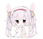  1girl :i animal animal_ears azur_lane bangs biting blush breasts chibi closed_mouth commentary_request cottontailtokki ear_biting full_body hair_between_eyes hair_ornament hairband jacket jitome laffey_(azur_lane) long_hair long_sleeves pink_hair pink_jacket rabbit rabbit_ears red_eyes red_hairband sidelocks simple_background sitting solo thigh-highs twintails very_long_hair white_background white_legwear 