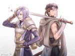  2boys artist_name bandage brown_hair closed_eyes fingerless_gloves fire_emblem fire_emblem_echoes:_mou_hitori_no_eiyuuou gloves headband kamui_(fire_emblem_gaiden) leo_(fire_emblem) long_hair male_focus multiple_boys open_mouth purple_hair quiver scarf sword tamami_if teeth violet_eyes weapon 