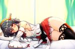  1girl bare_shoulders black_hair boots detached_sleeves frilled_skirt frills hair_ornament hairband hairclip haruna_(kantai_collection) headgear highres japanese_clothes kantai_collection long_hair looking_at_viewer lying nontraditional_miko on_bed on_side panties pantyshot pantyshot_(lying) pillow pillow_hug pink_panties pleated_skirt red_skirt remodel_(kantai_collection) ribbon-trimmed_sleeves ribbon_trim skirt smile solo thigh-highs thigh_boots tsukui_kachou underwear wide_sleeves yellow_eyes 