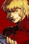 1boy bangs blonde_hair bodysuit cigar cobra copyright_request fingernails green_eyes half-closed_eye hankuri looking_at_viewer male_focus mouth_hold parted_lips red_background red_bodysuit simple_background smile solo upper_body
