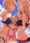  3girls :d bangs bikini blonde_hair blue_bikini blue_eyes blue_sky blush braid breast_envy breasts clara_(girls_und_panzer) clouds cloudy_sky commentary_request cup darjeeling day eyebrows_visible_through_hair flat_chest from_side front-tie_top girl_sandwich girls_und_panzer green_eyes highres katyusha large_breasts light_brown_hair lowleg lowleg_bikini medium_breasts medium_hair multiple_girls navel open_mouth outdoors outstretched_hand parted_bangs profile sandwiched short_hair shuiro_(frog-16) side-tie_bikini sky smile swimsuit teacup tears 