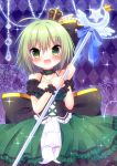  1girl :d absurdres ahoge argyle argyle_background bare_shoulders black_bow blush bow breasts chains cleavage commentary_request crescent crown detached_sleeves dress fangs frilled_bow frills green_dress green_eyes green_hair hair_bow highres himetsuki_luna holding holding_staff lace_border medium_breasts mini_crown open_mouth puffy_short_sleeves puffy_sleeves purple_background short_sleeves sleeveless sleeveless_dress smile soga_no_tojiko solo staff star touhou wrist_cuffs 