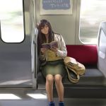  1girl absurdres backpack bag beige_jacket blue_legwear book brown_eyes brown_hair chair green_skirt ground_vehicle highres holding holding_book leaning_to_the_side long_hair looking_at_viewer open_book original reading shirt skirt tokoyama train yellow_shirt 