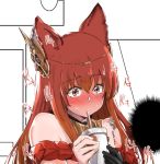 1girl animal_ears anthuria blush embarrassed erune granblue_fantasy hair_ornament lefthand long_hair red_eyes redhead sipping upper_body 