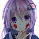  1girl bangs blood blood_on_face blood_on_fingers blush chinomaron closed_mouth eyebrows_visible_through_hair face fingernails hair_between_eyes hair_ornament hands_up head_tilt highres long_hair looking_at_viewer portrait purple_hair simple_background smile solo violet_eyes vocaloid voiceroid yuzuki_yukari 
