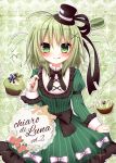  1girl :p bangs black_bow black_hat black_ribbon blush bow closed_mouth commentary_request cover cover_page cupcake dress eyebrows_visible_through_hair food fork frilled_shirt_collar frills green_dress green_eyes green_hair hair_between_eyes hair_ornament hair_ribbon hat himetsuki_luna holding holding_fork juliet_sleeves long_sleeves looking_at_viewer macaron mini_hat mini_top_hat puffy_sleeves ribbon smile soga_no_tojiko solo striped tongue tongue_out top_hat touhou vertical-striped_dress vertical_stripes x_hair_ornament 